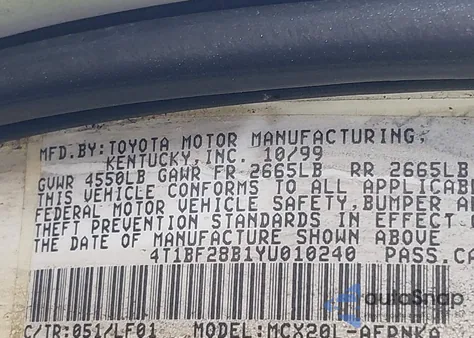 2000 Toyota Avalon Xl from USA, damaged, VIN 4T1BF28B1YU010240